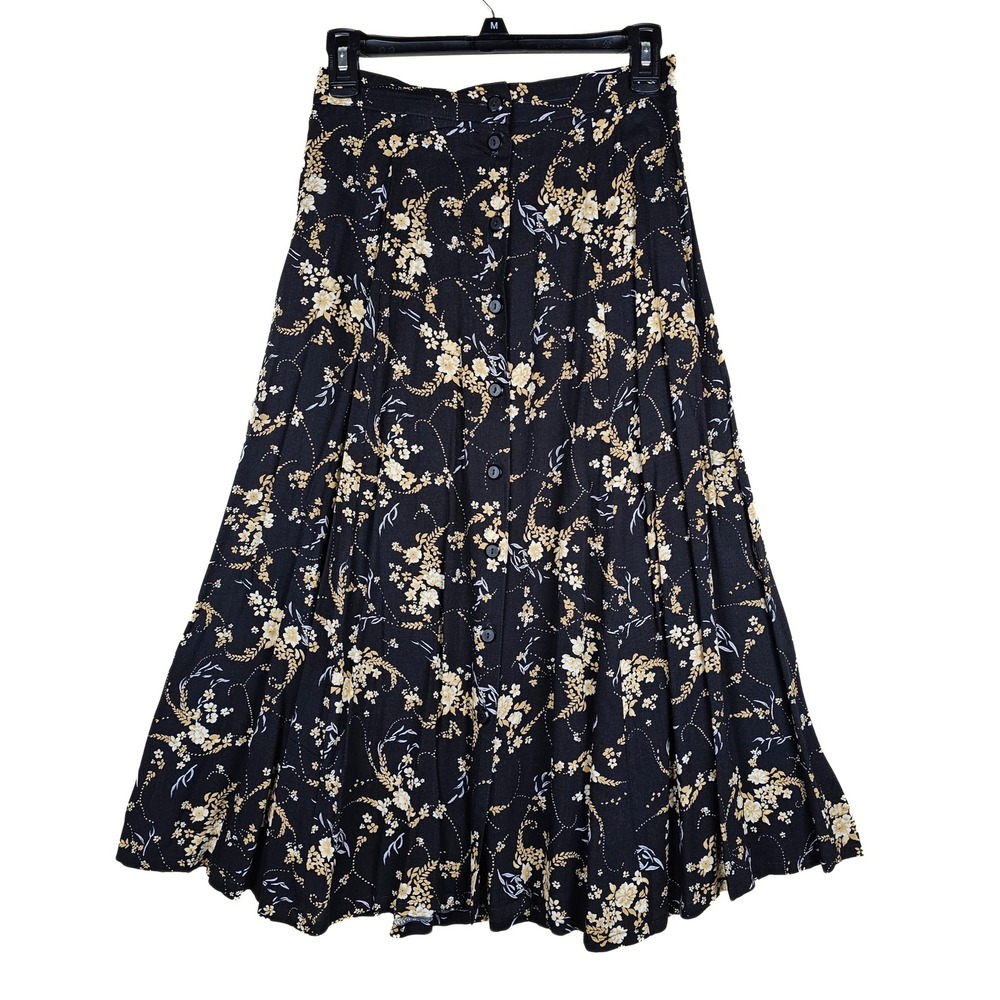 VTG Sag Harbor Petite Floral Print Button Front Maxi Skirt Black Beige Size M